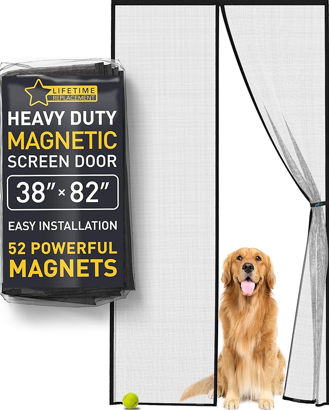 Flux Phenom Magnetic Screen Door - Bugs Out, Breeze in - 9min Install Auto-Sealing Heavy Duty Double Stitched Mesh, 52 Magnets, Hands Free Sliding & Patio Doors Net, Pet & Kid Friendly, 38 x 82 Inch