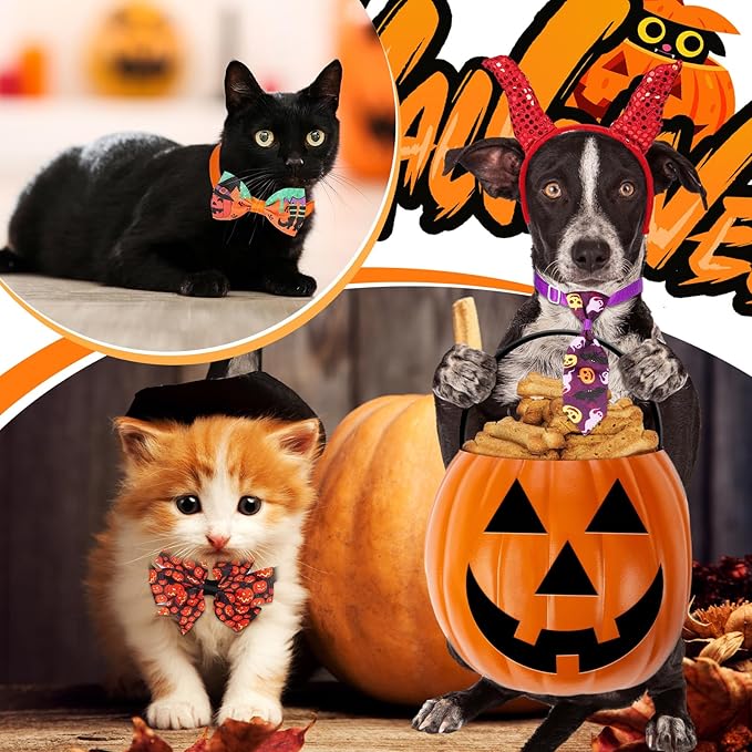 Talltalk 360 Pcs Halloween Dog Bow Ties Collars Set Adjustable Thanksgiving Christmas Fall Xmas Dogs Neckties Grooming Accessories for Small Medium Large Pet Cat Decoration(Pumpkin)