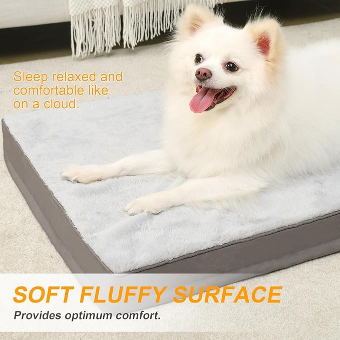 KSIIA Orthopedic Dog Bed - Waterproof Crate Bed for Small Dogs, Deluxe Plush Washable with Egg Crate Foam & Removable Cover, 23 x 17 Inch, Gray