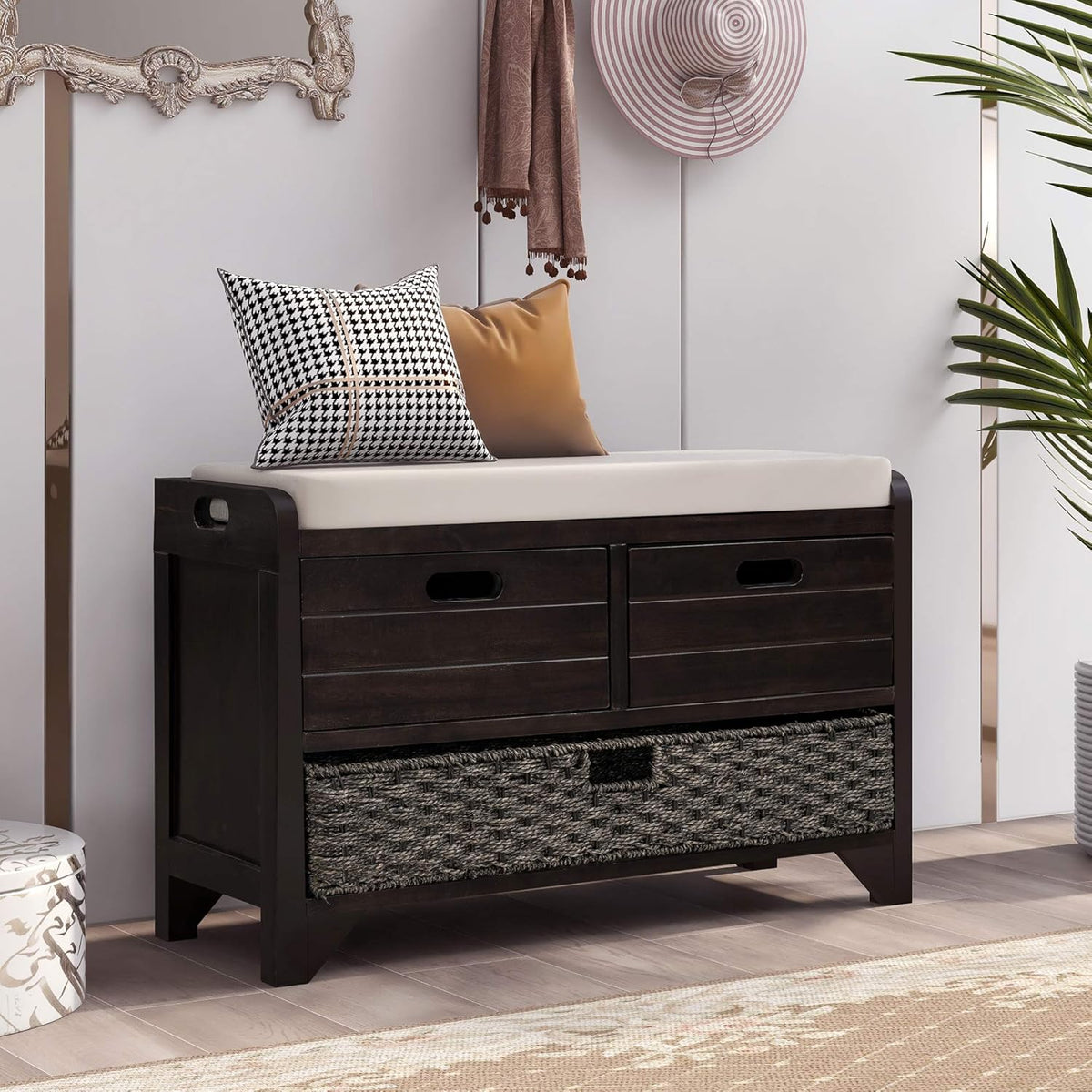Storage Bench with Removable Basket 2 Drawers Fully Assembled Acacia Wood Shoe Bench Standing Shoe Rack Removable Cushion for Living Room, Entrance Hallway, No Assembly Required Espresso