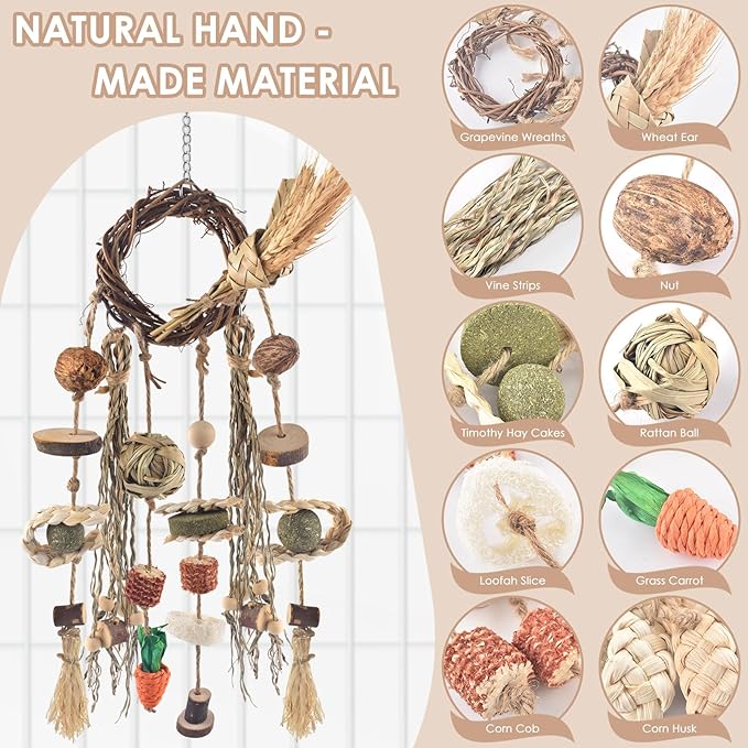 Bissap Bunny Chew Toy, Rabbits Cage Hanging Chew Toys and Treats Rattan Ring with Snacks Water Grass Wooden Block Carrot for Guinea Pigs Chinchillas Hamsters Rats and Other Small Pets Teeth Grinding