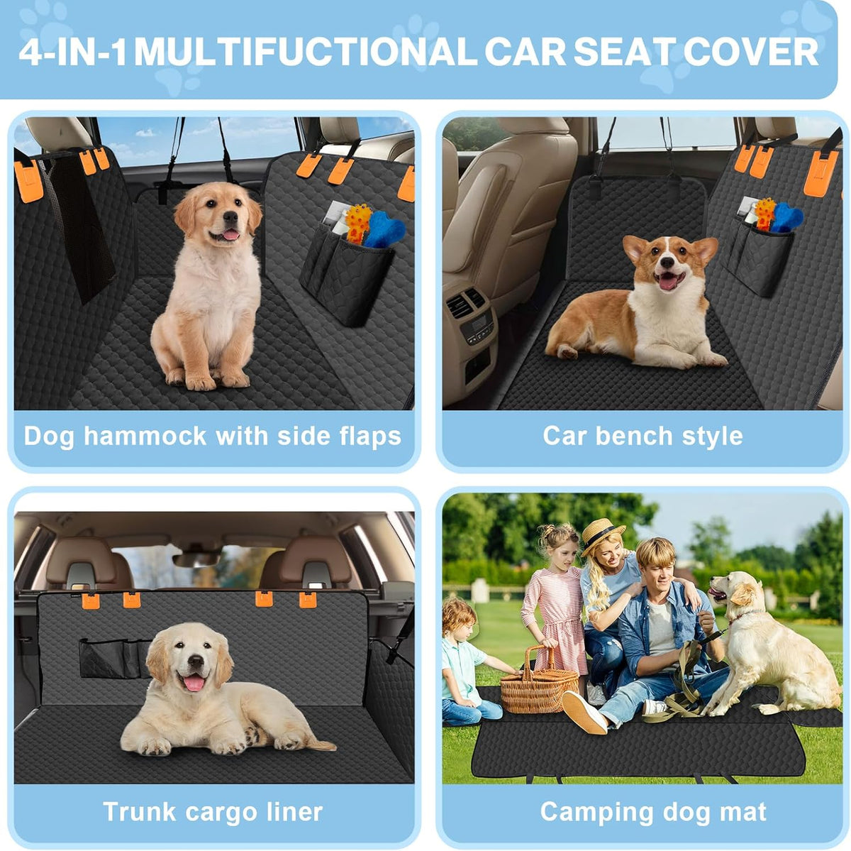 Dog Car Seat Cover for Back Seat, Waterproof Protector with Side Flaps, Scratchproof Hammock, Non-Slip Bottom for Cars/Trucks/SUVs (Black)