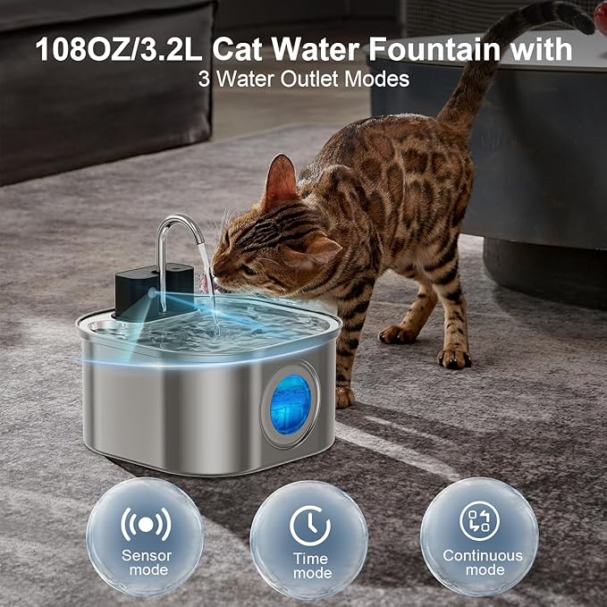 Cat Water Fountain Wireless，Stainless Steel-Rechargeable- Battery Operated Cat Water Fountain, 108oz/ 3.2l Automatic Cordless Pet Fountain ，Dog Fountain with 4200 Mah Battery
