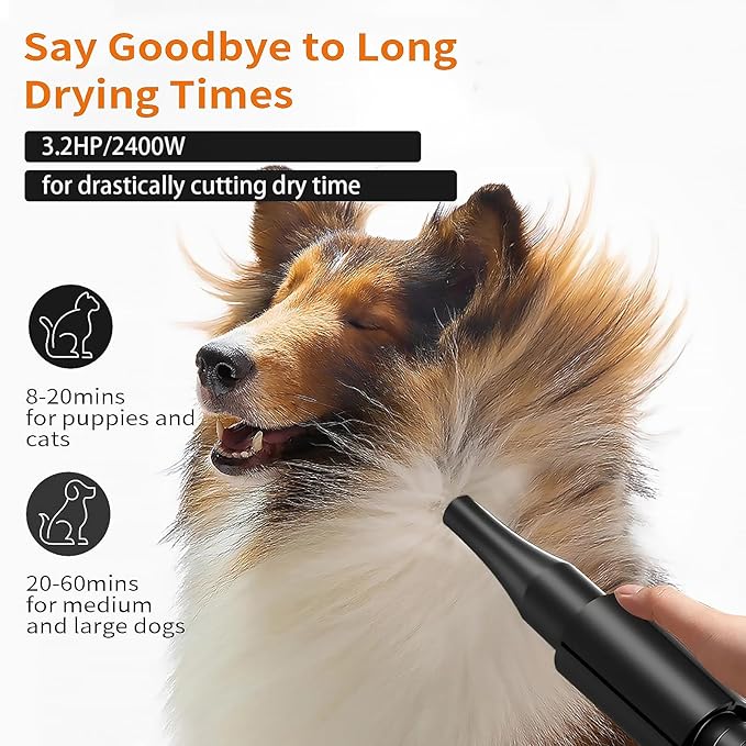2400w 75m/s Dog Dryer for Pet Grooming, High Velocity Pet Hair Dryer with Heater, Adjustable Speed, 4 Nozzles and a Comb, Black