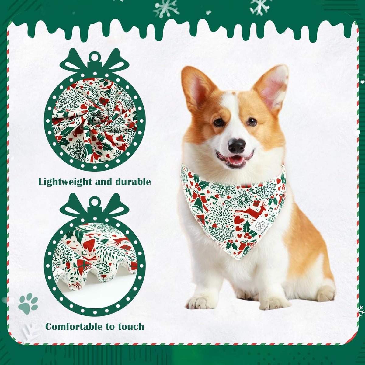 E-Clover Christmas Dog Bandanas & Matching Scrunchie Set White Green Red Dog Scarf Bibs Pet Bandana with Bow Tie for Small Dogs Puppy Owner Mom Winter