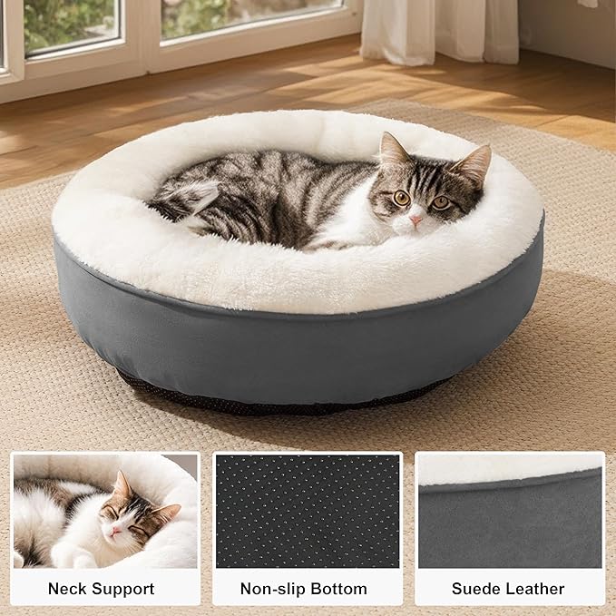 Love's cabin Round Donut Cat and Dog Cushion Bed, 20in Pet Bed for Cats or Small Dogs, Anti-Slip & Water-Resistant Bottom, Super Soft Durable Fabric Pet beds, Washable Luxury Cat & Dog Bed Dark Grey