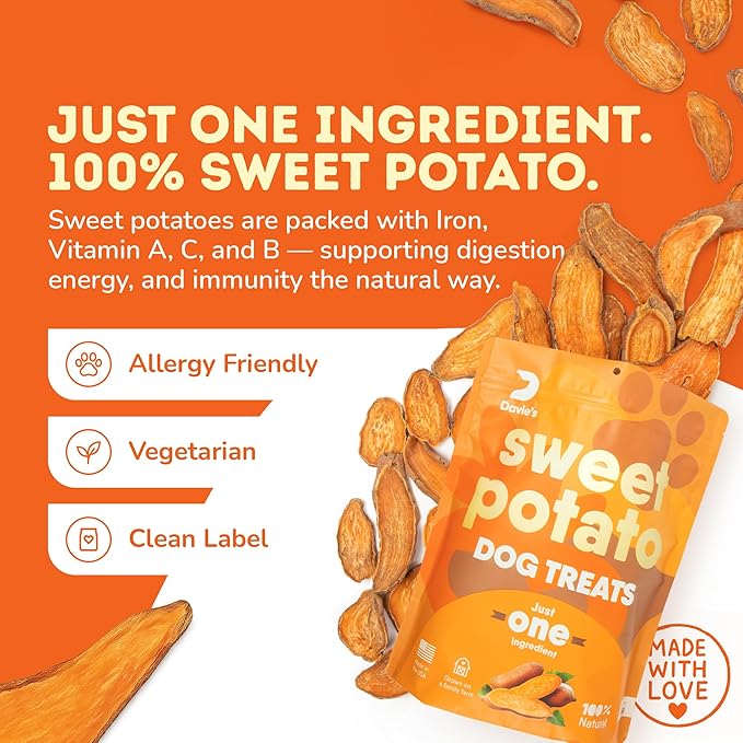 Davie's Sweet Potato Dog Treats - Healthy, Natural Dog Chews, Low Fat, 1 lb. Bag
