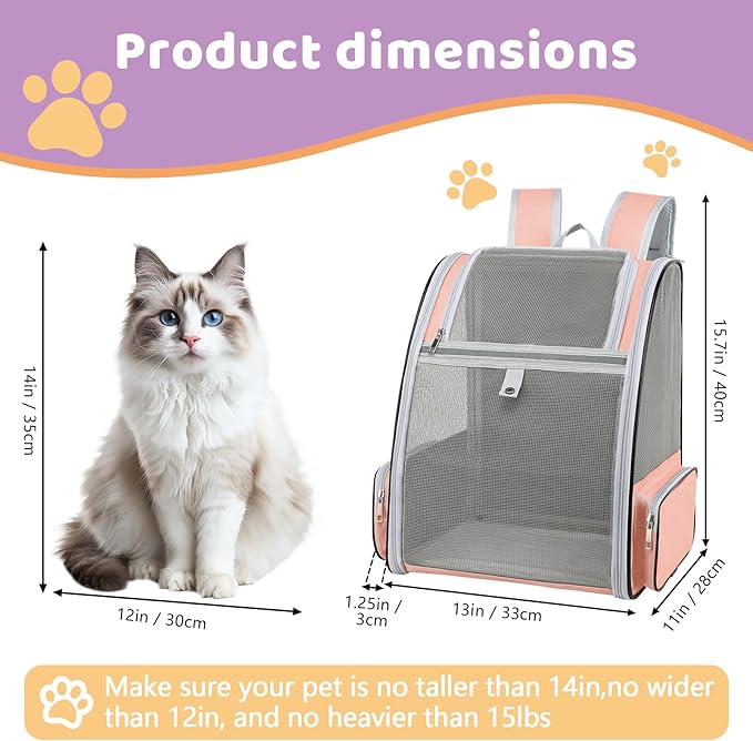 Cat Backpack Carrier Large Pet Backpack for Small Dog Medium Cat Puppy Kitten Bunny up to 15lbs, Ventilated Mesh Dog Collapsible Travel Backpack for Hiking Walking Outdoor