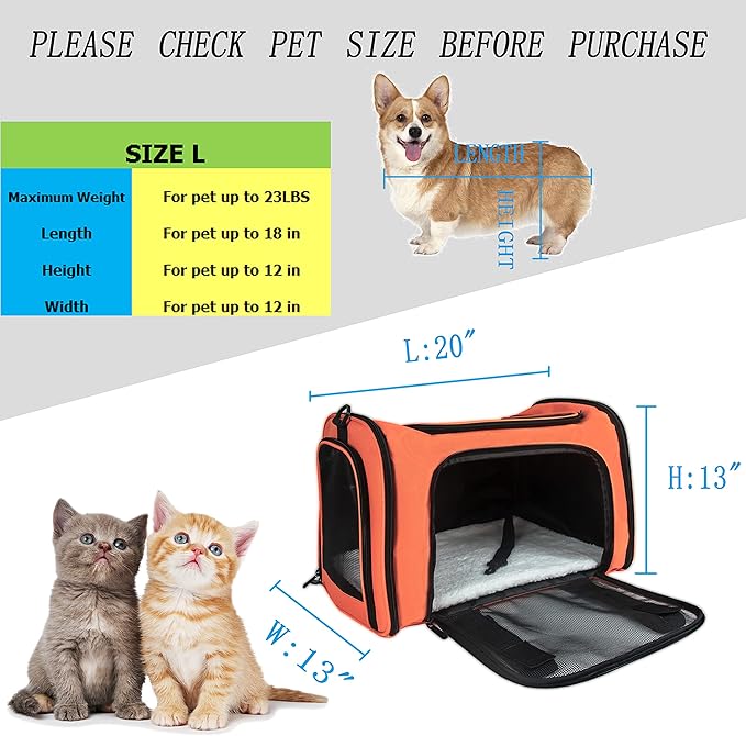 Soft Sided Carrier for Small Medium Cats Dogs,Removable Pad Collapsible Travel Pet Carrier Large Orange