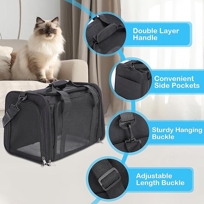 Cat Carrier Soft, Collapsible Cat Bag Carrier, TSA Airline Approved Pet Carrier for Cats with Removable Mat, Breathable Pet Travel Carrier for Small Medium Adult Pussy & Small Dogs (Black)