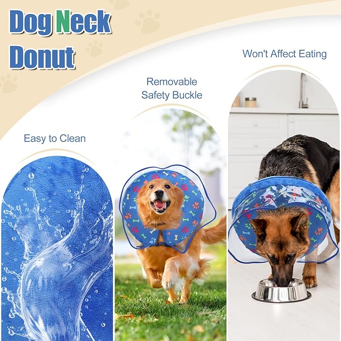 Inflatable Dog Cone Collar, Adjustable Size Soft PVC 2-in-1 Dog Donut Collar After Surgery with Detachable, Inflatable Collar for Small Medium Large Dogs and Cats (Blue, XL)