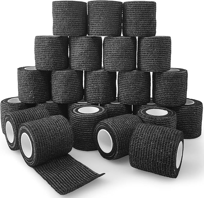 24 Rolls Black Elastic Self Adhesive Bandage Wrap, Breathable Flexible Fabric Non Woven Cohesive Bandage, Ankle Sprains Swelling Medical First Aid Sports Athletic Tape, Dogs Pet Vet Wrap 2 in