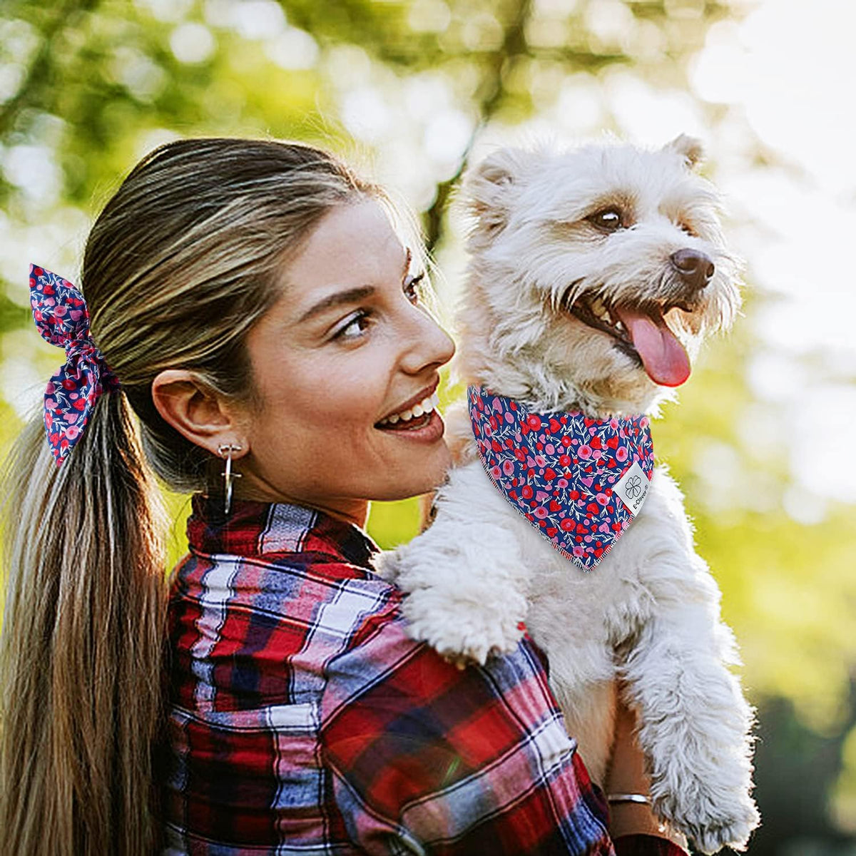 E-Clover Cute Girl Dog Bandanas & Matching Scrunchie Set Heart Dog Bandana Scarf with Bow Hair Ties for Small Puppy Dogs Pet Owner Mom Gifts Pink Floral