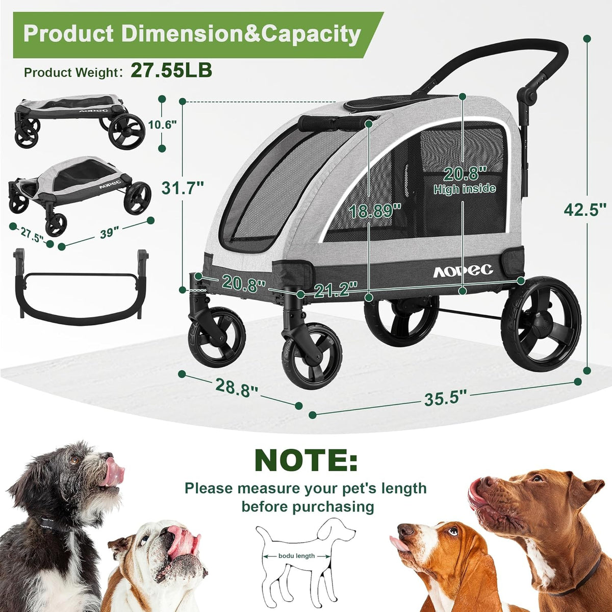 Large Dog Stroller - Dual Entry Safety Folding Pet Stroller with Adjustable Handle, All-Terrain 4-Wheel, 160 lbs Weight Capacity for Travel & Outdoor Adventures - Gray