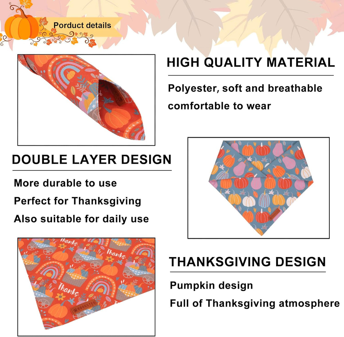 ADOGGYGO Thanksgiving Dog Bandana - Blue Orange Pumpkin Scarf, Adjustable Fit Fall Bandanas for Extra Large Dogs Pets (X-Large)