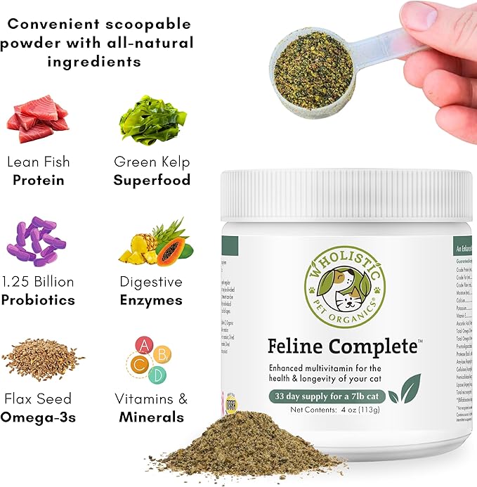 Wholistic Pet Organics Feline Complete - 4 Oz - Multivitamin & Probiotic Powder for Cats - Natural Cat Food & Digestive Support