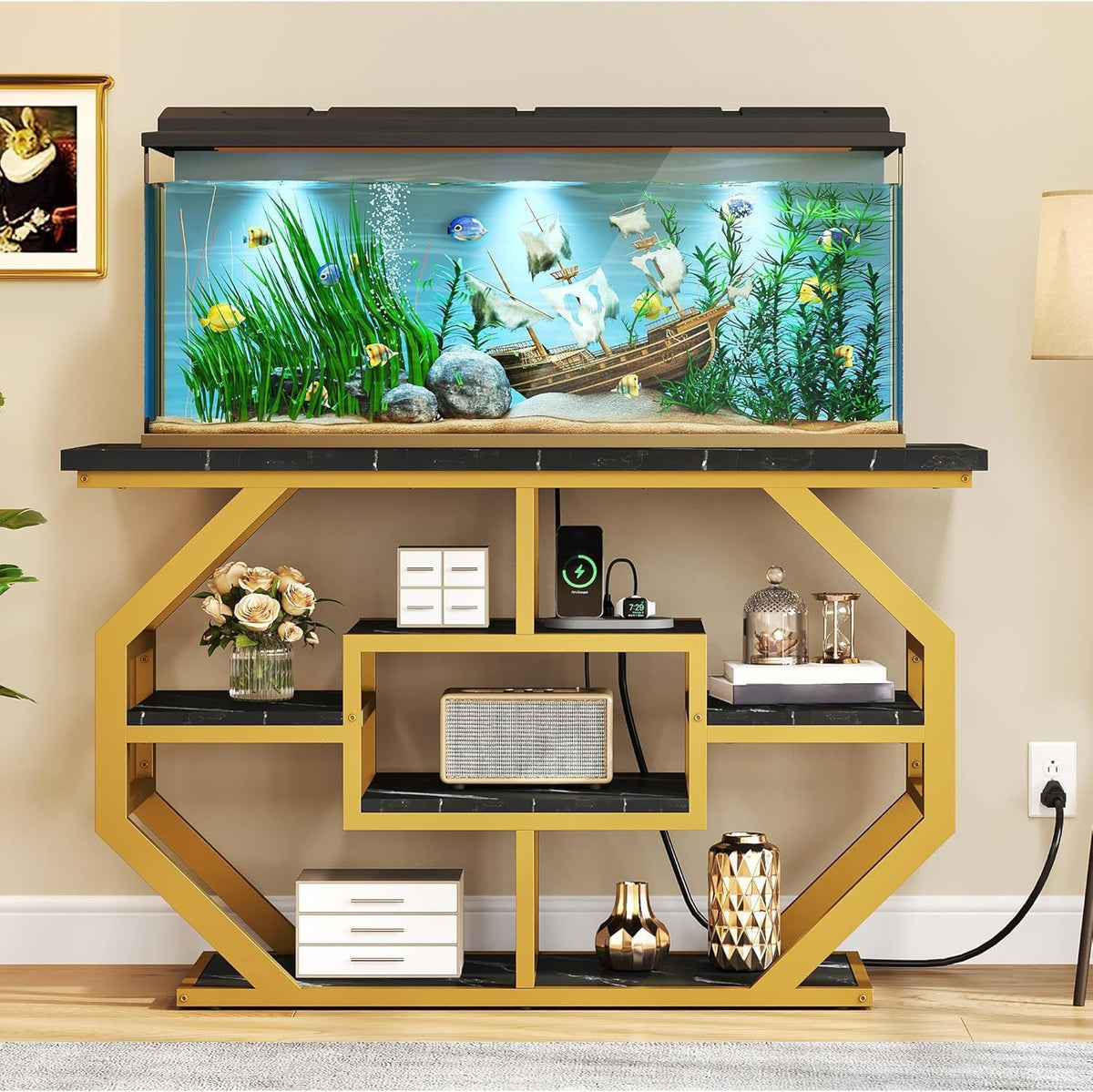 YITAHOME Heavy Duty 55-75 Gallon Fish Tank Stand with Power Outlet, Marble Aquarium Stand for Fish, Turtle, Reptile Terrarium, Shelves for Fish Tank Accessories Storage, 860LBS Capacity, Gold