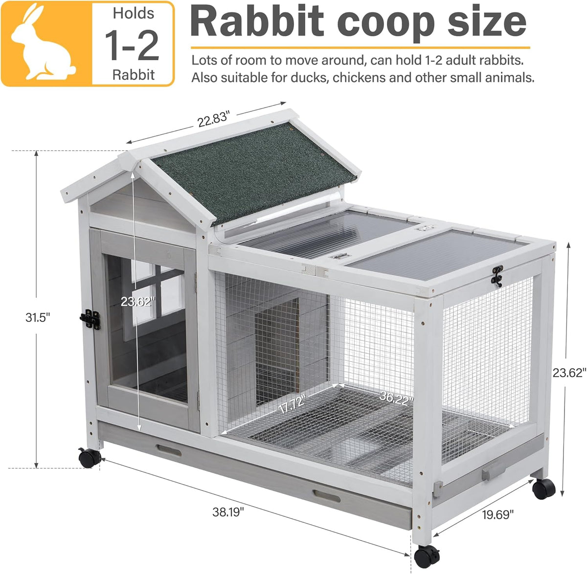 Wooden Rabbit Hutch with Waterproof Roof,Outdoor/Indoor Bunny Cage with Removable Slide-Out Bottom Tray, Chewproof Rabbit cage for Small-Medium Animals (Guinea Pigs, Hedgehogs)