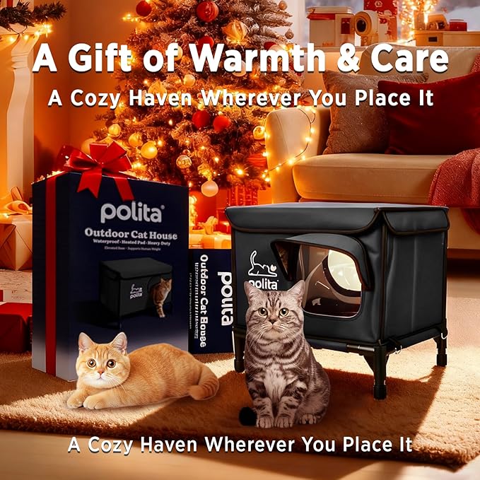 Rugged Heated Cat House for Outdoor Cats in Winter, Extremely Insulated & 100% Weatherproof, Elevated Feral Cat Shelter with Waterproof Eaves & Safe Escape Door for Stray & Barn Cats