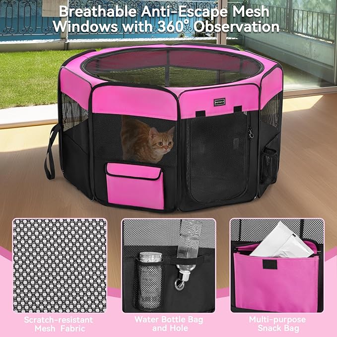 PETSFIT Portable Dog Playpen,36" Dog Play Pen Indoors with Removable Waterproof Mat & Zippered Roof | RV, Camping, Travel Dog Pen | Whelping & Cat Observation Space(36" L x 36" W x 21" H)