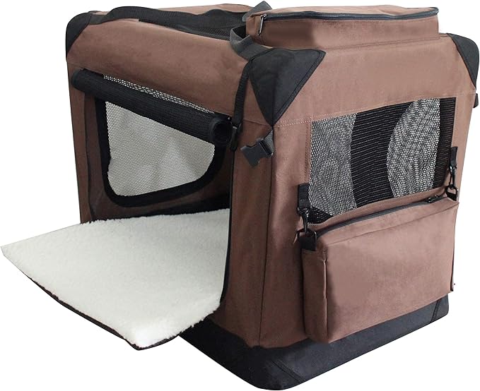 EliteField 3-Door Folding Soft Dog Crate with Carrying Bag and Fleece Bed (2 Year Warranty), Indoor & Outdoor Pet Home (42" L x 28" W x 32" H, Brown)