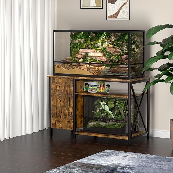 40-120 Gallon Reptile Tank Stand with Power Outlet, Terrarium Stand with Storage Cabinet, 48" X 24" Tabletop, Reptile Terrarium,Turtle Tank Rustic Brown PG08XYN