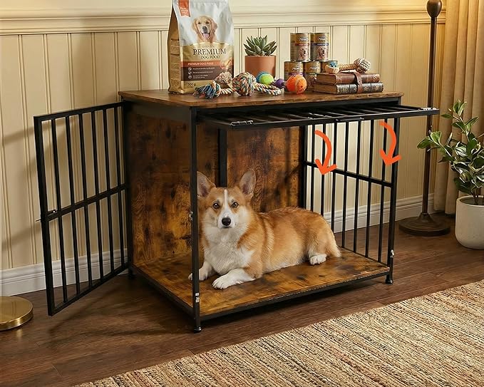 31.5" Dog Crate Furniture with Flip Door, Wooden Dog Kennel Indoor, Heavy Duty Pet Cage for Small Medium Dogs, Double Door Pet House End Table, Rustic Brown