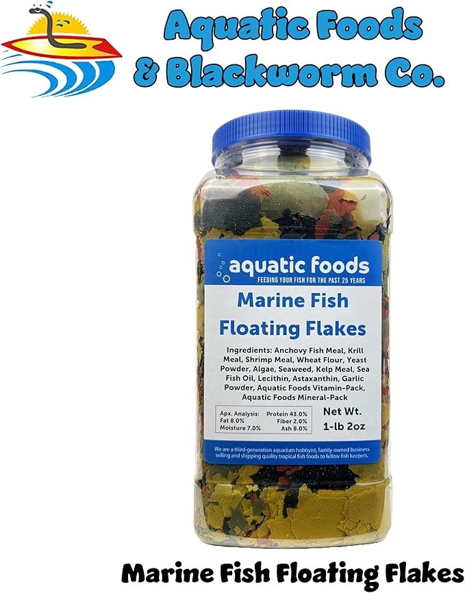 Aquatic Foods Inc. Marine Fish Flakes of Red & Green Algae, Seaweed for Tangs, Butterflies, Angelfish, Anthias, Clown Fish, Damsels Also Pellet Mix, Wafer Mix Included… AFI 1-lb 2oz