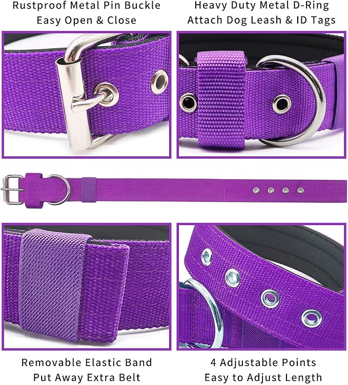 Heavy Duty Tactical Dog Collar - 1.5" Width Military Durable Thick Nylon with Adjustable Metal D Ring & Buckle Working Training K9 Collar for Medium Large Dogs (M(17"-20"), Purple)
