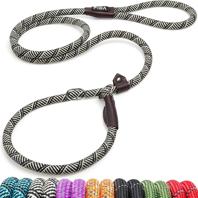 Fida Durable Slip Lead, 6 FT x 1/2" Heavy Duty Dog Loop, Comfortable Strong Rope Leash for Large, Medium Dogs, No Pull Pet Training Leash with Highly Reflective, Grey