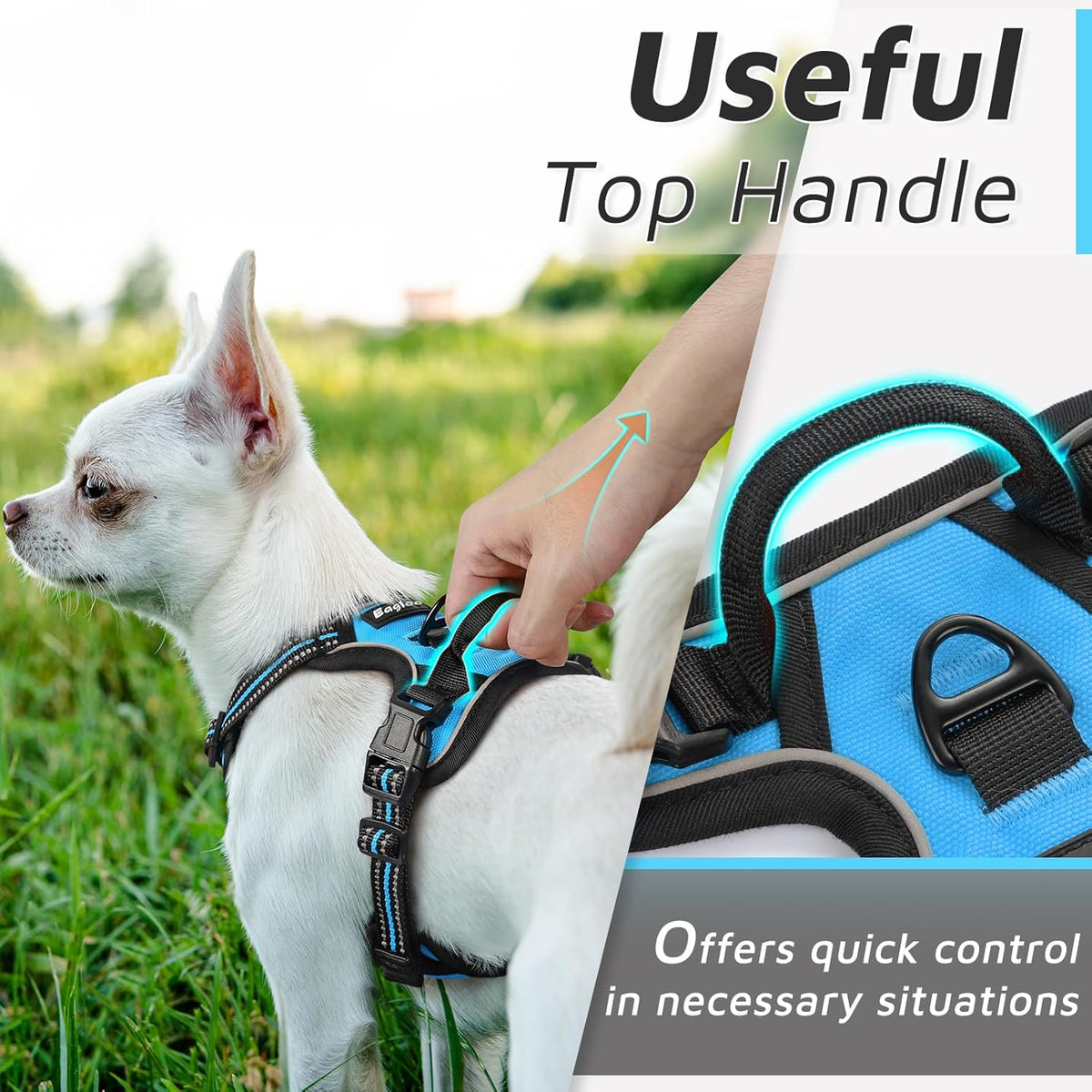 Eagloo Small Dog Harness No Pull, Service Vest with Reflective Strips and Control Handle, Adjustable and Comfortable for Walking, No Choke Pet Harness with 2 Metal Rings, Sky Blue, XS
