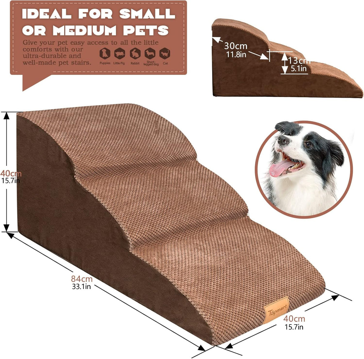 Topmart High Density Extended Foam Dog Ramp&Steps 3 Tiers,15.7" High,Non-Slip Dog Stairs with Waterproof Cover,Soft Foam Pet Ladder,Best for Injured,Older Cats,Pets with Joint Pain