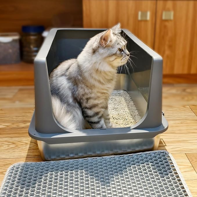 LIHONG Stainless Steel Litter Box with Lid, XL Metal Cat Litter Tray for Indoor Cats, Enclosure Cat Litter Pan for Large Cats, Non-Sticky Large Kitty Litter Box, Anti-Leakage, 23.5" X 15.6" X 12"