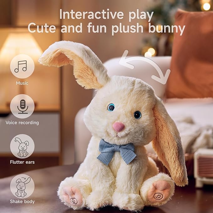 TUMAMA Bunny Stuffed Animal - Musical Stuffed Animal with Moving Ears, Features Singing, Recording, Repeating for Toddlers, Interactive Stuffed Bunny Plush Gift Toys for Boys and Girls