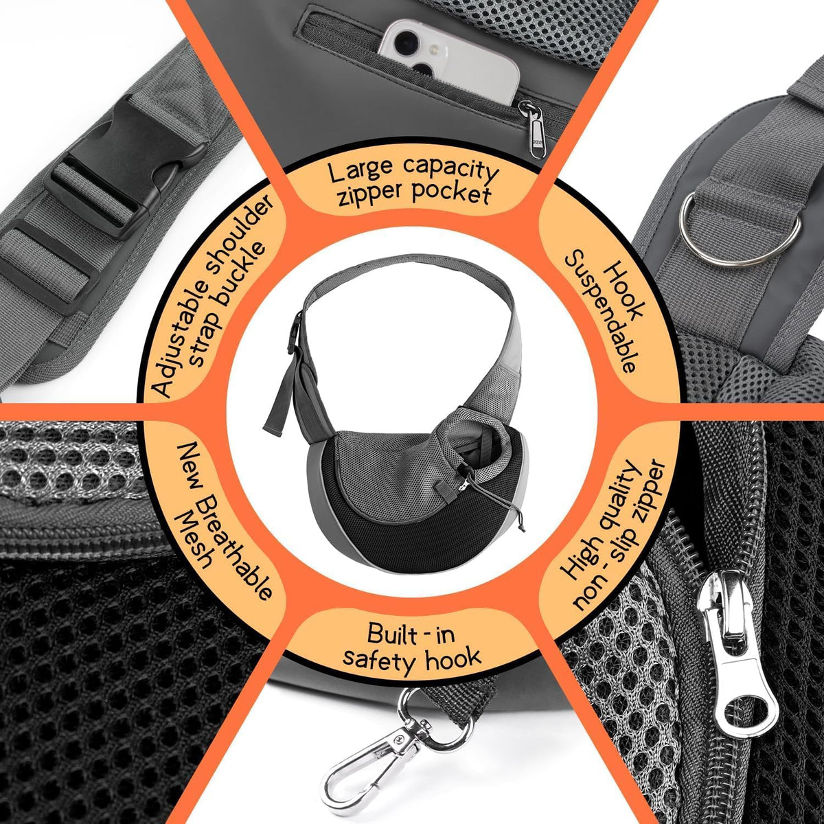 YUDODO Pet Sling Carrier for Small Dogs & Cats – Hands-Free Puppy Carrier with Safety Hook, Large Zipper Pocket, Soft Breathable Mesh, Adjustable Strap & Reflective Strip (Black 1.0 M)