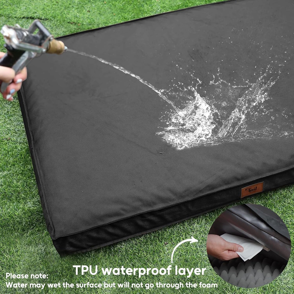 Outdoor Extra Large Dog Crate Bed, Big Waterproof Dog Bed for Large Dogs, Orthopedic Egg Foam Pet Bed Mat with Removable Cooling Cover, Black