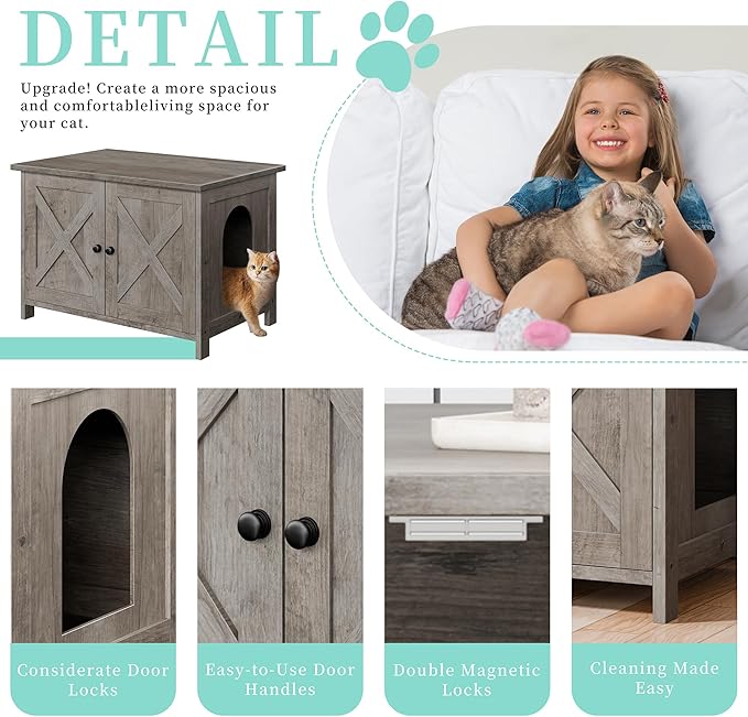 Vongrasig Cat Litter Box Enclosure,Litter Box Furniture Hidden with Barn Door,Wooden Cat Washroom Furniture,Cat House,End Table, Fit Most of Litter Box, Grey