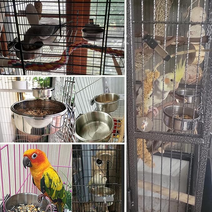 PINVNBY 6 Pieces Stainless Steel Bird Feeding Dish Cups,Parrot Feeder Parakeet Food Water Bowls with Clamp Holder & 6 Pcs Bird Spoon & 6 Pcs Birds Ball Toys for Budgies Macaw Small Animal(S)