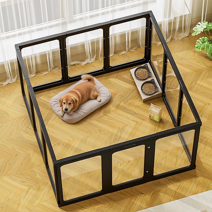 Jalove 12PCS Dog Playpen Clear Puppy Playpen Indoor, 30" H Easy Assemble Transparent Small Pet Play Pen, Sturdy Plastic Dog Fence Crate Kennel Whelping Cage Enclosure for Small to Medium Dog, Black
