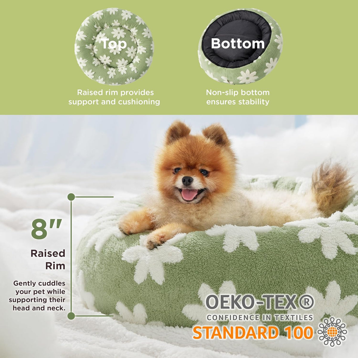 LE SURE Donut Small Dog Bed - Round Cat Beds for Indoor Cats Calming Pet Beds, Cute Modern Beds with Jacquard Shaggy Plush & Anti Slip Bottom, 27 Inch, Green