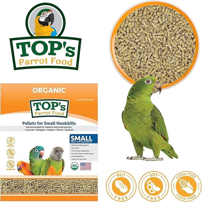 TOP's Parrot Food Bird Pellets for Small Hookbills - Non-GMO, Peanut Soy & Corn Free, USDA Organic Certified (4lbs)