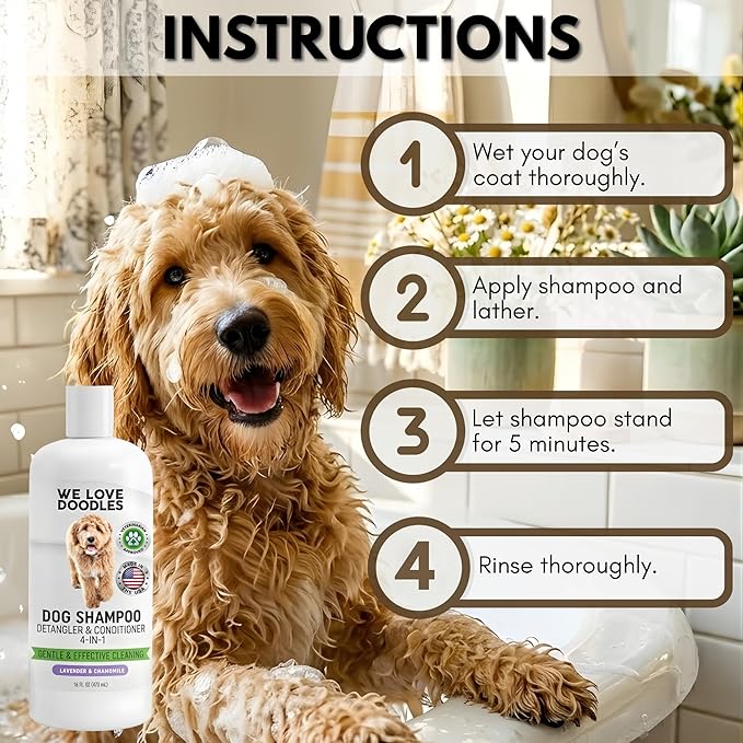 Dog Shampoo, Conditioner & Detangler - Best Shampoo for Goldendoodles, Poodles & Doodles Pet Hair - Hypoallergenic, Tearless, Sensitive Skin for Puppies & All Dog Breeds - Made in USA, 16OZ (Lavender)