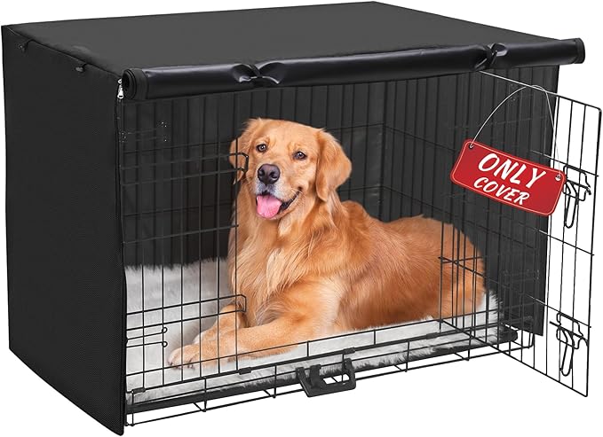 Akinerri Dog Crate Cover - Double Door Waterproof Pet Kennel Cover, Durable 600D Polyester Protective Cage Cover for 24/30/36/42/48 Inch Dog Crate - Black