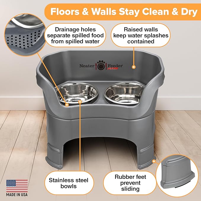Neater Feeder Deluxe Mess Proof Dog Bowls Elevated for Large Breeds – Made in USA – No Spill Raised Slow Feeder Elevated Dog Bowl Stand, Stainless Steel Food and Water Bowl Set, Grey