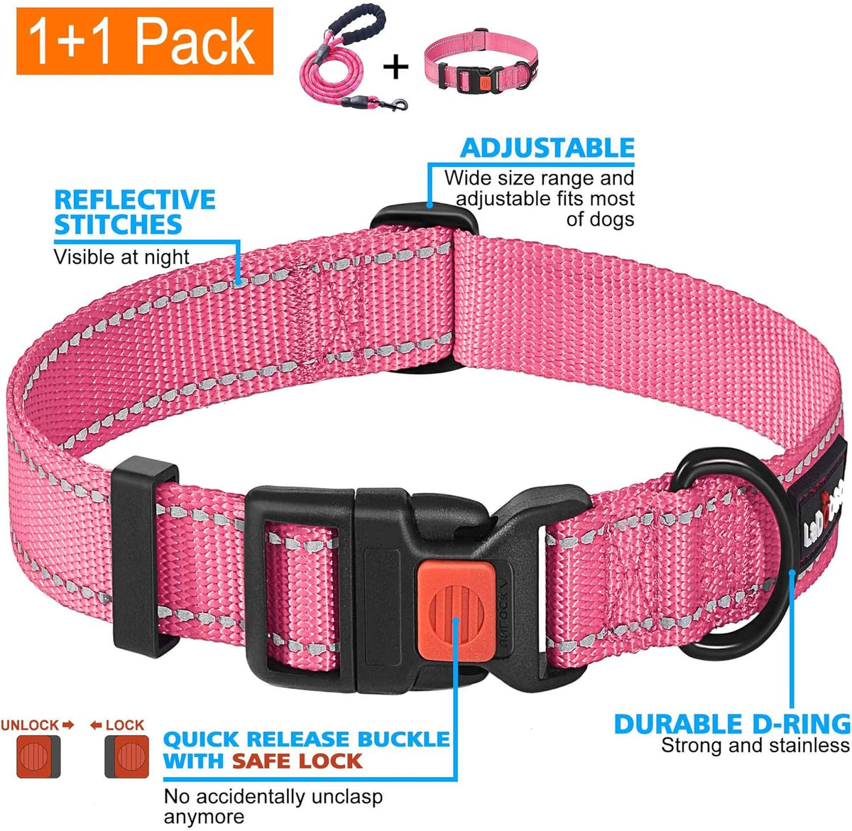 Heavy Duty Dog Leash - Comfortable Padded Handle, 5 ft Long - Dog Leashes for Small Medium Large Dogs (Leash+Collar L Neck 20"-25", Pink)