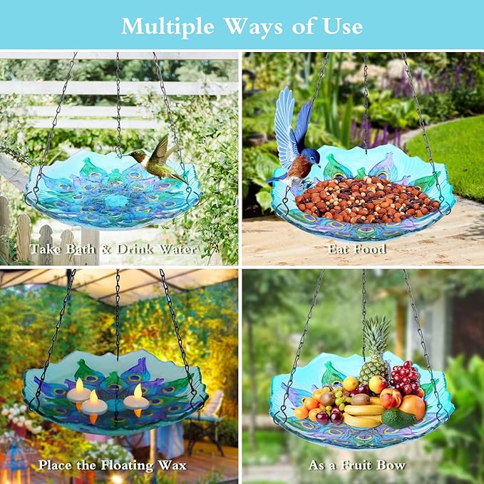 MUMTOP Hanging Bird Bath - Bird Baths for Outdoors, Peacock Glass BirdBath Outdoor Birdfeeders for Garden and Patio Decor