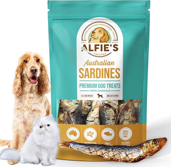 ALFIE'S TREATOS Sardines for Dogs & Cats (2.65 oz), Air-Dried Fish Dog Treats, Omega-3 Food Topper, Single Ingredient, Australian Wild-Caught, Freeze-Dried Alternative