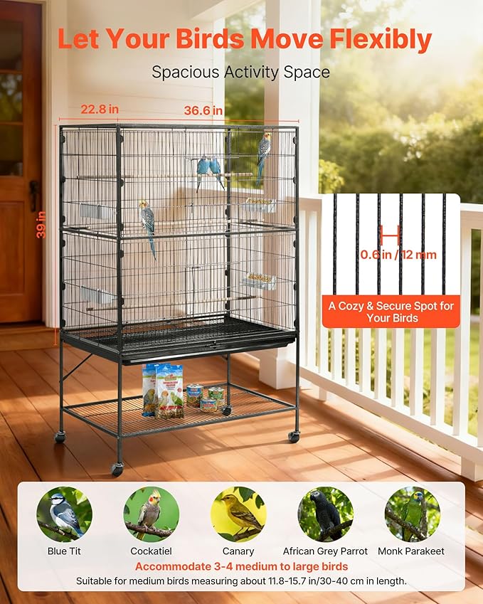 VEVOR Bird Cage, 36.6 x 22.8 x 59.5 inch, Flat Top, Wrought Iron Bird Flight Cage with Perches, Slide-Out Tray and Plastic Feeders, for Blue Tit, Cockatiel, Canary, Monk Parakeet, African Grey Parrot