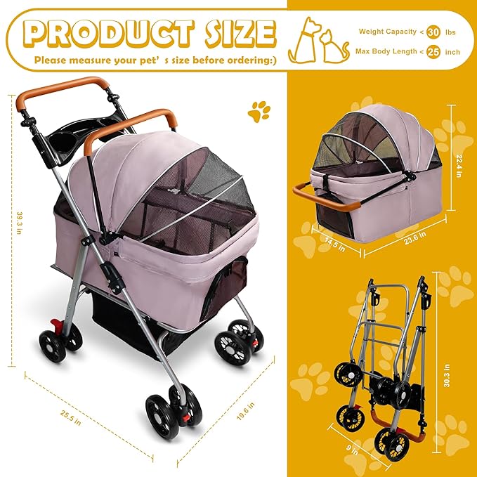 Pet Stroller with Storage Basket and Cup Holder, Folding Dog Jogger, Foldable Cat Stroller, 3 in 1 Puppy Kitten Cart, Pet Jogger for Medium Dog Cat (Pink)