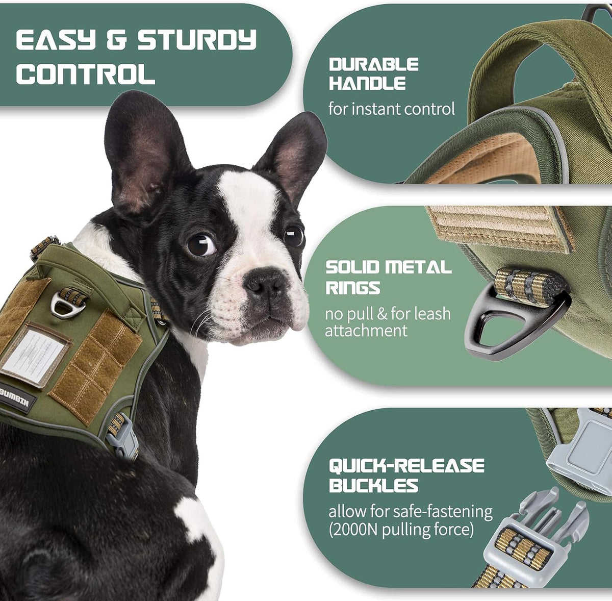 BUMBIN Tactical Dog Harness for Small Dogs No Pull, Famous TIK Tok No Pull Puppy Harness, Fit Smart Reflective Pet Walking Harness for Training, Adjustable Dog Vest Harness with Handle Green S